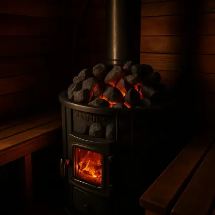 Piec do sauny z rozgrzanymi kamieniami wewnątrz sauny beczkowej